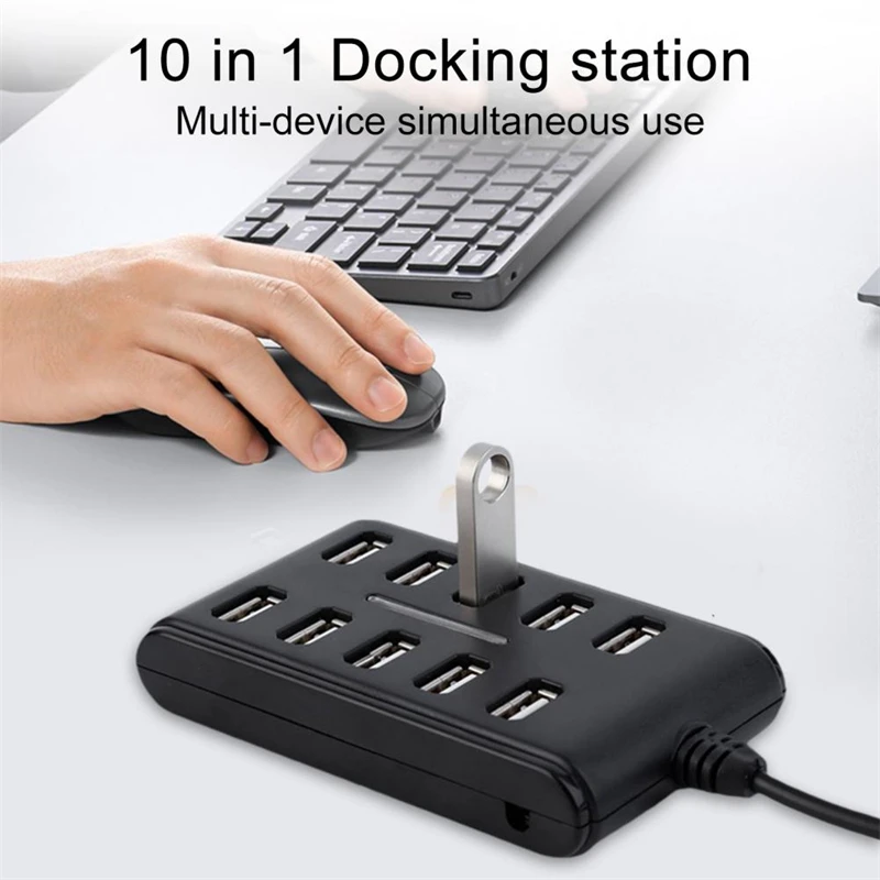 USB2.0 HUB 10 Ports Cable Splitter Switch Power USB Disk Card Reader Extender Mouse Keybard Converter Phone Charging Dock Combo