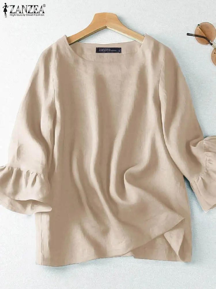 

ZANZEA Summer Elegant OL Work Shirt Woman Fashion Cotton Blouse Chemise Casual Ruffles Shirt Short Sleeve O-Neck Solid Tops 2023