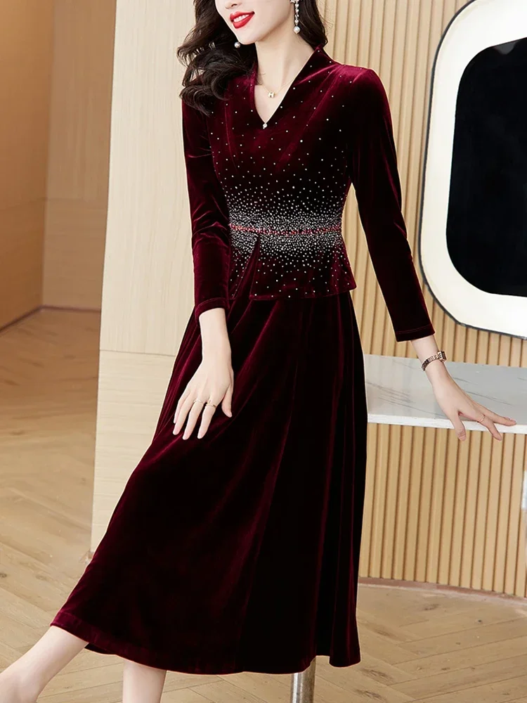 

Autumn Winter Red Velvet Patchwork Ruffled Long Dress Fashion Sequins Luxury Female's Dress 2024 Vintage Elegant Evening Dresses