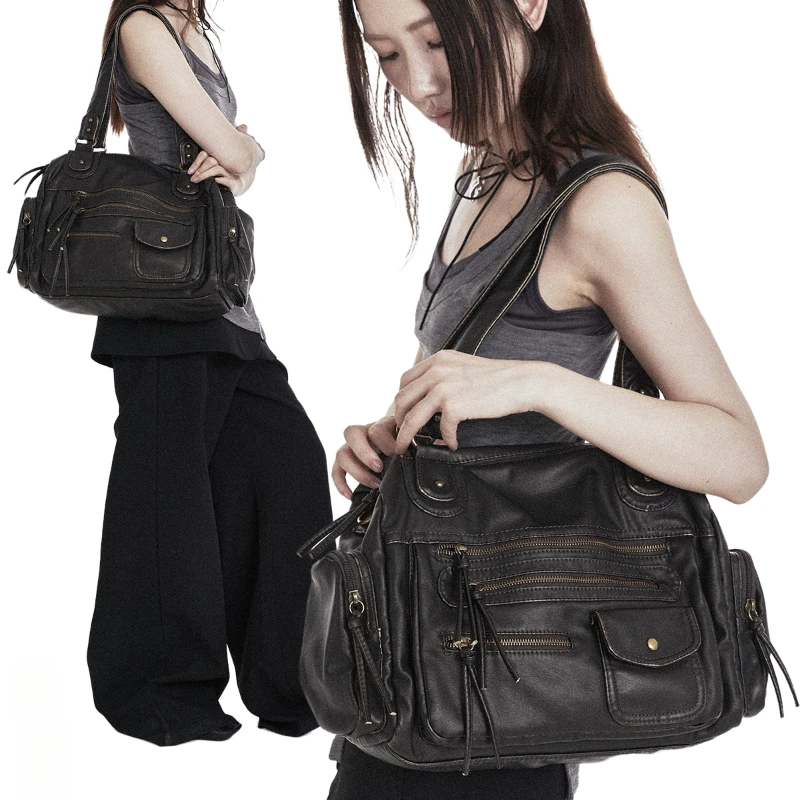 Damenmode Retro y2k heiße Mädchen Motorrad tasche große Kapazität gewaschen Distressed Schulter Umhängetasche
