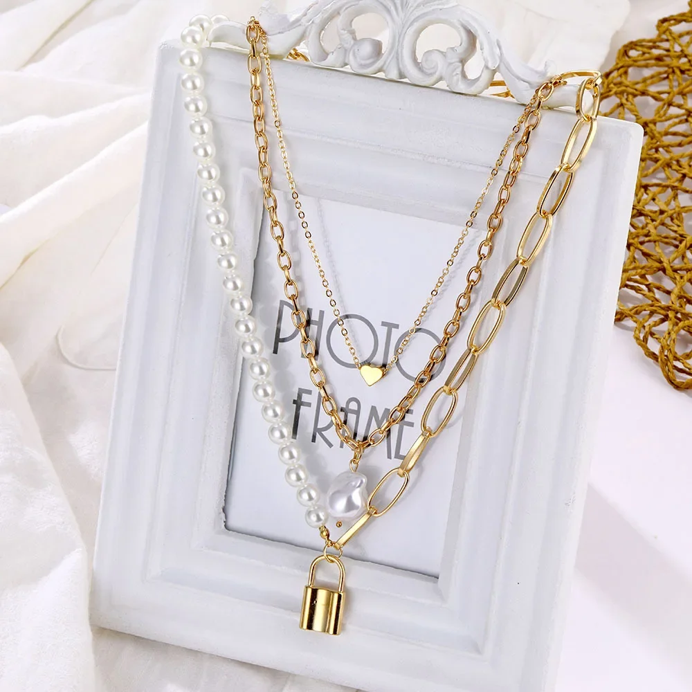 Pretty Design New Stainless Steel Fashion Jewelry Heart Lock Charm Layered Pendant Necklace For Women Charms Female Vintage