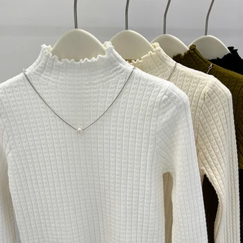 الخريف الشتاء نصف عالية الياقة الكشكشة سترة المرأة طويلة الأكمام محبوك بسيط قاعدة طبقة البلوفرات المرأة الصلبة سترة غير رسمية 5