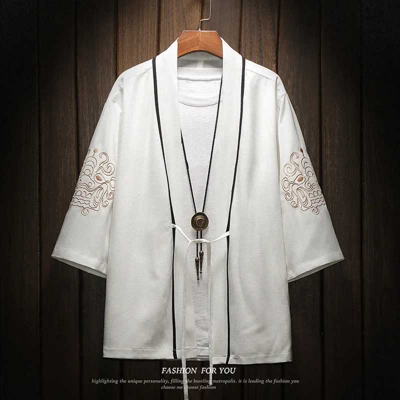 Chinese Dragon Men Kimono Top Clothing Oversize Cotton Linen Sunscreen High Quality Haori Shirt Japanese Anime Cosplay Blouse