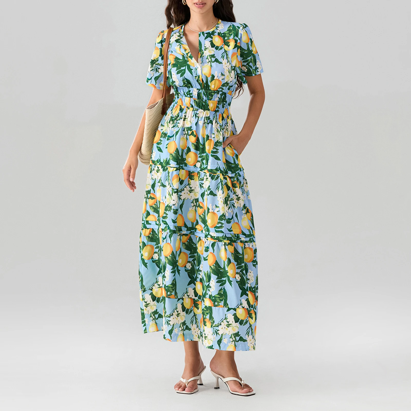 

Summer Women's Long Dress Smocked Waist Pintucked Hem Side Slant Pockets V-Neck Short Sleeve Flowy Dresses