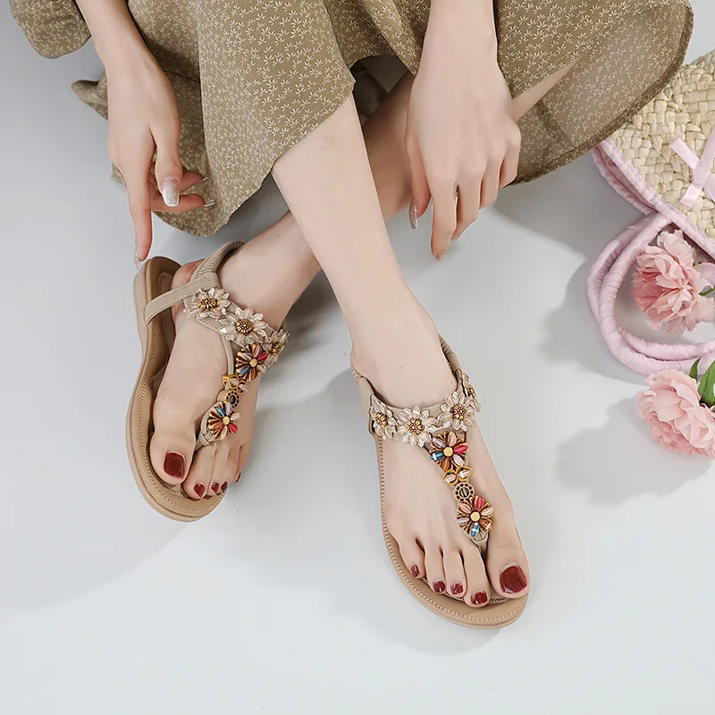 2024 Wholesale Summer New Rhinestone Flower Embroidered Line Flat Sandals Large Size Women Shoes