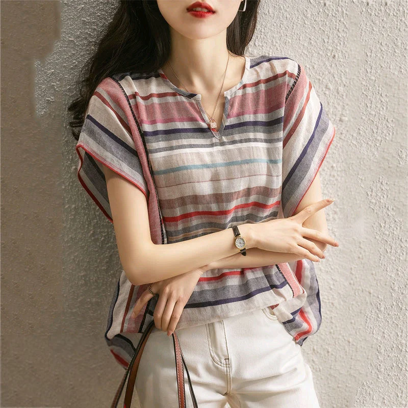

Summer New Striped Shirt Women's Korean Short Sleeve Loose Cotton Hemp Spliced Hollow V-neck Shirt European and American Style
