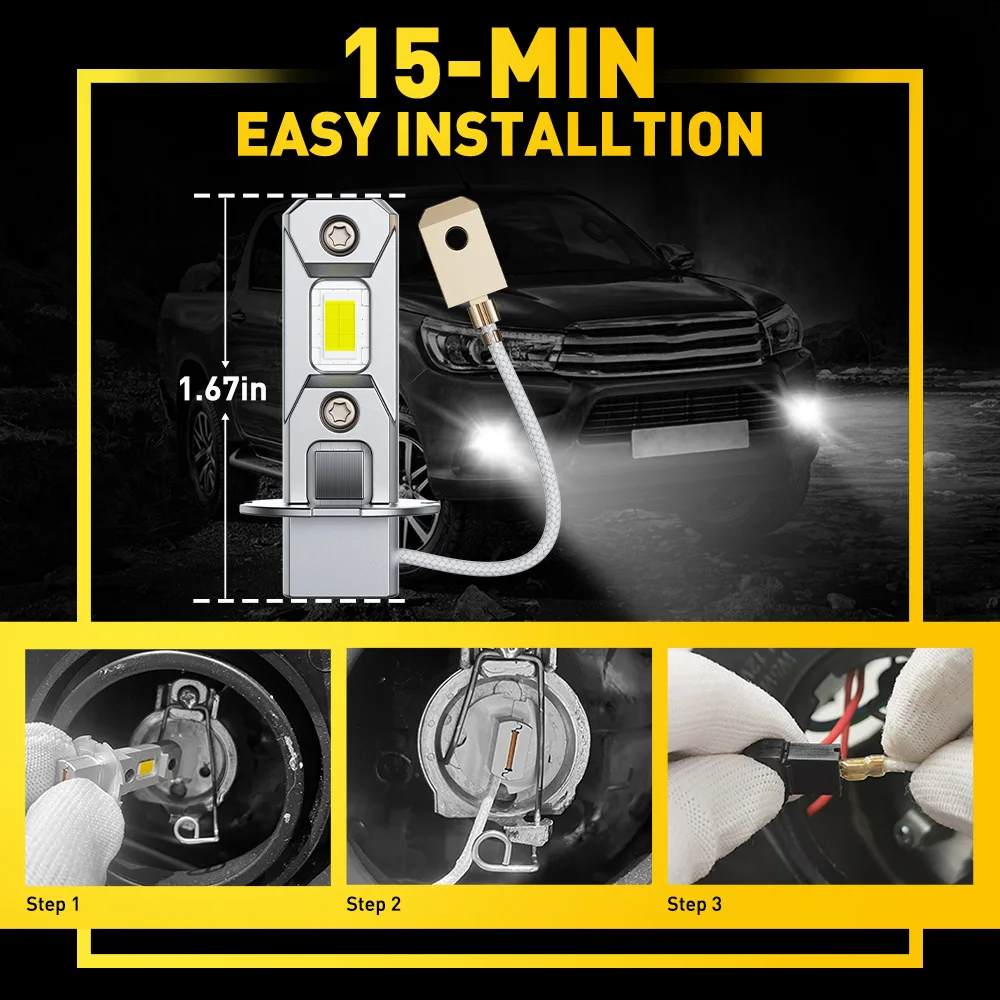 AUXITO H3 LED Bulb Fog Lights 2Pcs No Fan Mini Auto Lamp DRL Daytime Running Light 1:1 Size 6500K White 3000K Yellow 12V Canbus