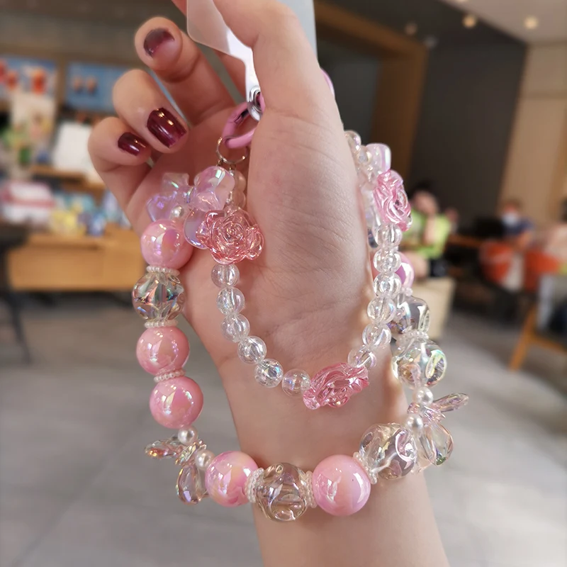 Short Rose Pendant Mobile Phone Lanyard Colorful Bowknot Beaded Bracelet Pendant Universal Phone Case Loss Prevention Sling_voghion.com