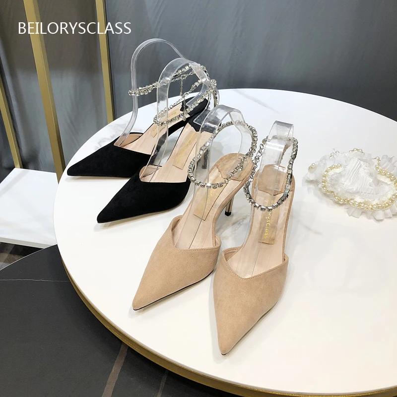 

Summer new high-heeled sandals pointed toe back empty rhinestone chain women's shoes back straps set-toe sandals fashion shoes