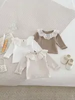 2024 Autumn New Baby Long Sleeve T Shirts Cute Sweet Baby Girl Ruffle Collar Bottoming Shirt Cotton Infant Toddler Solid Tops 1