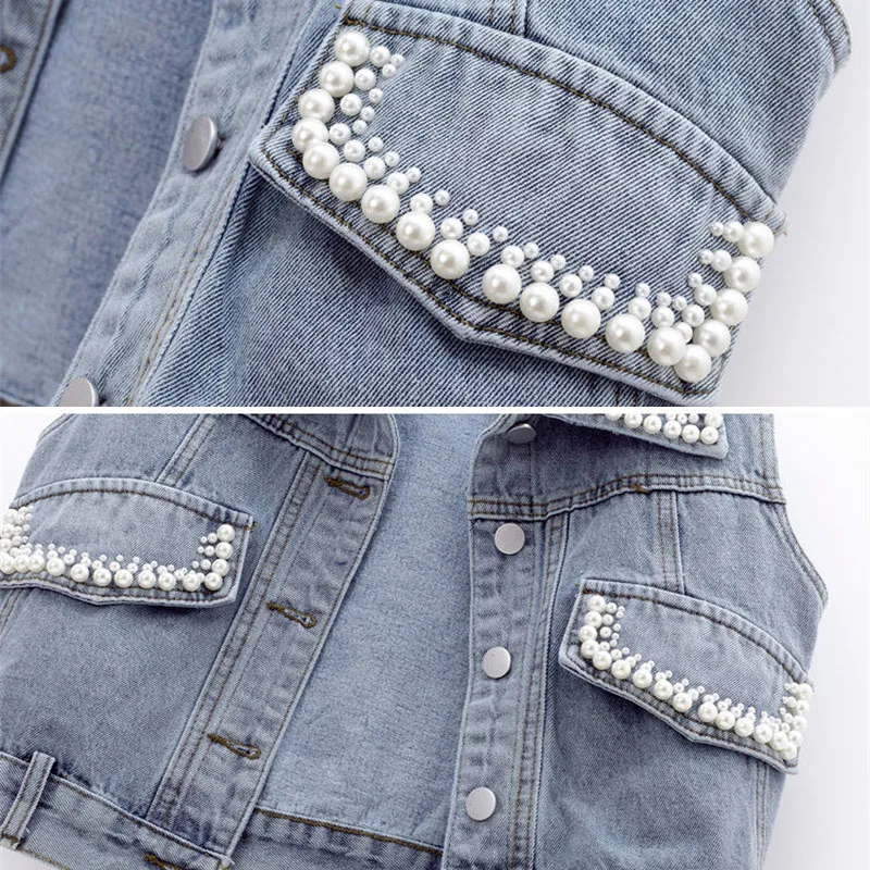 Denim Jacket Waistcoat Women's Spring Summer 2024 New Slim Pearls Beaded Sleeveless Coat Female Short Casual Vest Outwear Tops images - 6