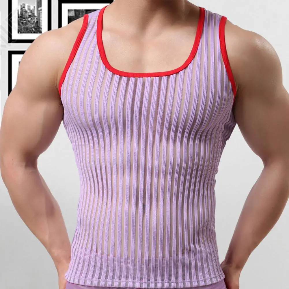 

Summer Mens Undershirts Sleeveless Striped Shirts Solid Color Vest Male Mesh Sexy Transparent Tees Bottoming Shirt Men Sexy Wear