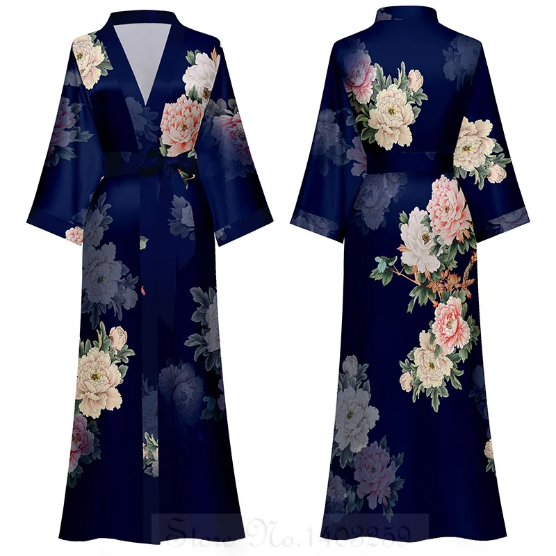 Spring Summrer female long robe sleepwear print kimono bathrobe gown half sleeve nightgown loose satin home dress lounge wear women sleepwear