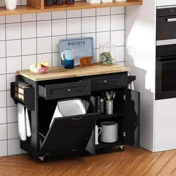Rolling Kitchen Island with Drop Leaf - Kitchen Trash Cabinet Tilt Out 10 Gallon Storage, Storage Islands Movable Carts 6