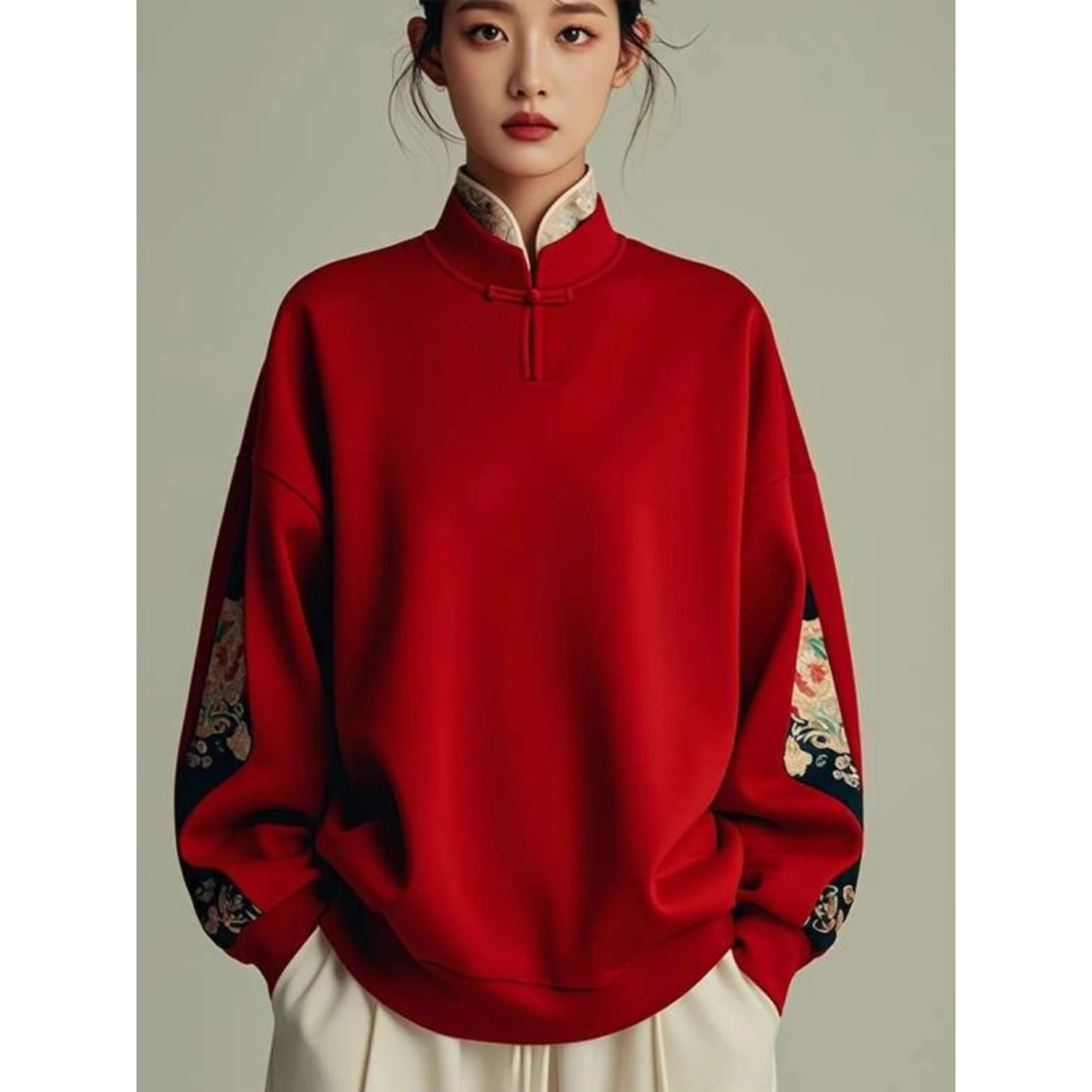 Red Oversized Hoodie Men's Autumn Winter Comfortable Loose Fit Fashionable Chinese Style Polyester Fabric Warmth Retention - 3