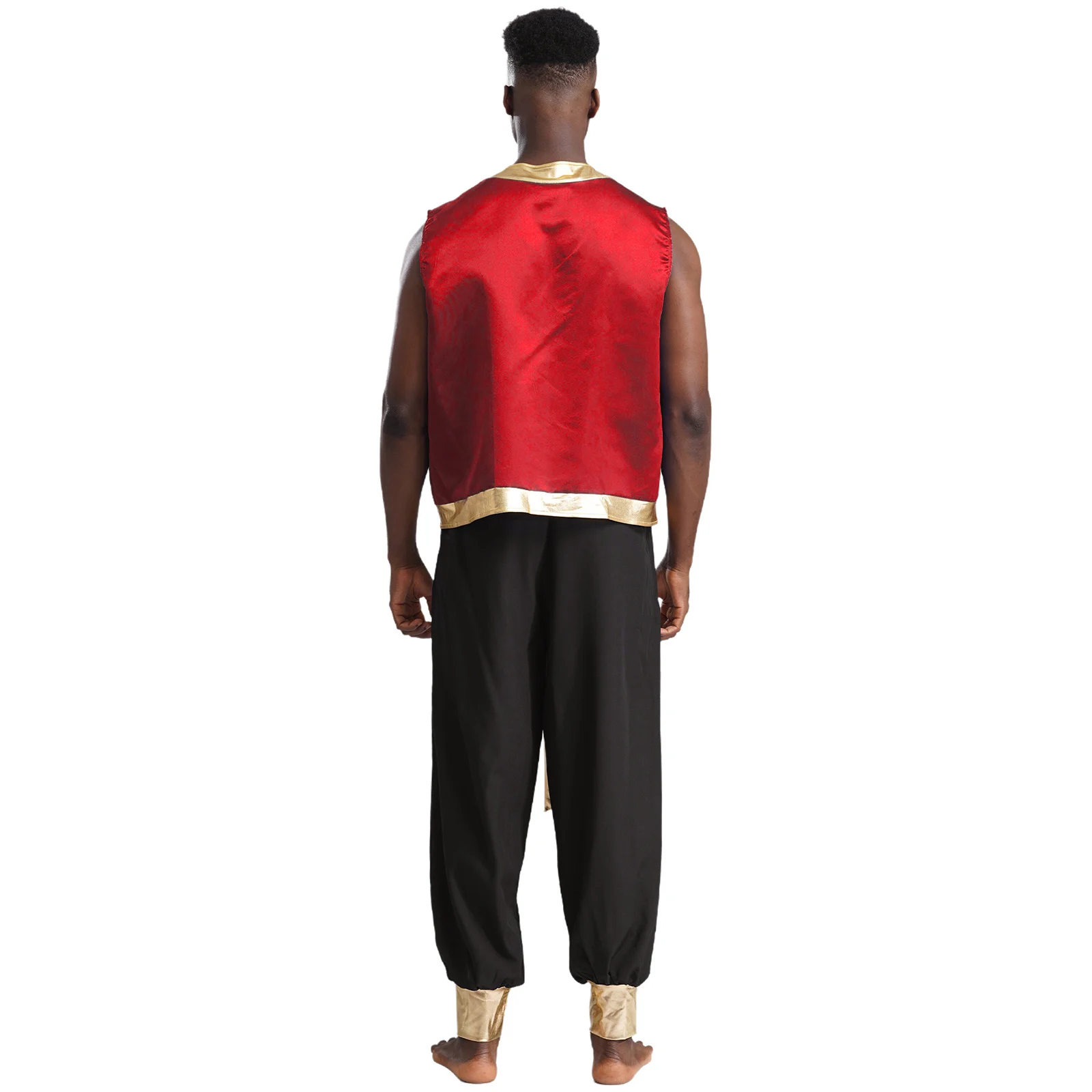 Costume da Principe Arabo per Uomo, Gilet Metallizzato Lucido con Bordo Decorativo e Pantaloni Lunghi, Set 2 Pezzi per Halloween e Feste in Maschera - immagine 5
