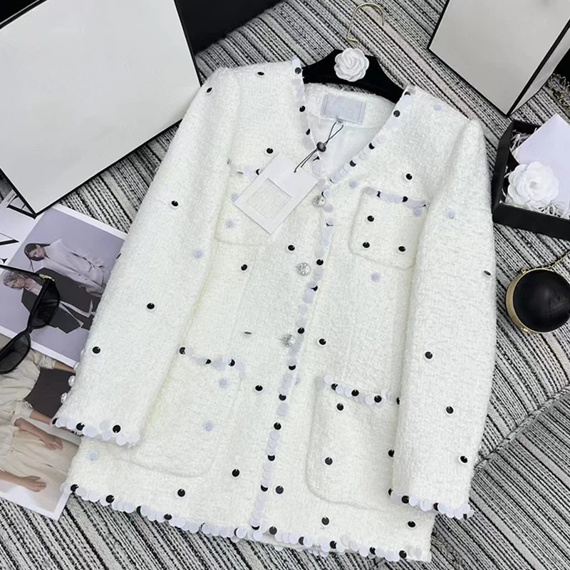 

Vintage contrast black and White sequin V-neck pocket tweed short jacket for women's new fall fashion all-match tweed jacket