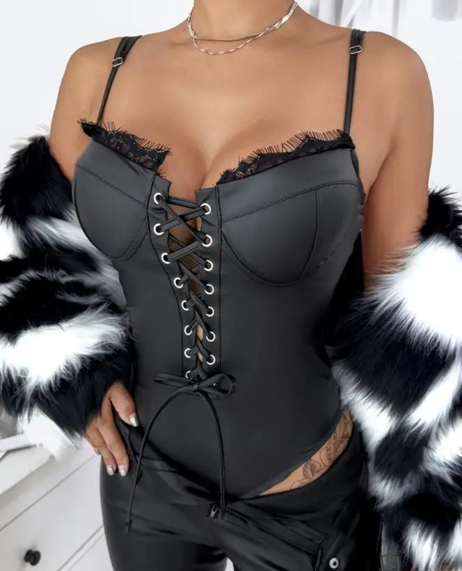 

2024 PU Leather Lace Up Skinny Bodysuit for Women Temperament Commuting Summer Fashion Women's Clothing Sexy Bodysuits Night Out