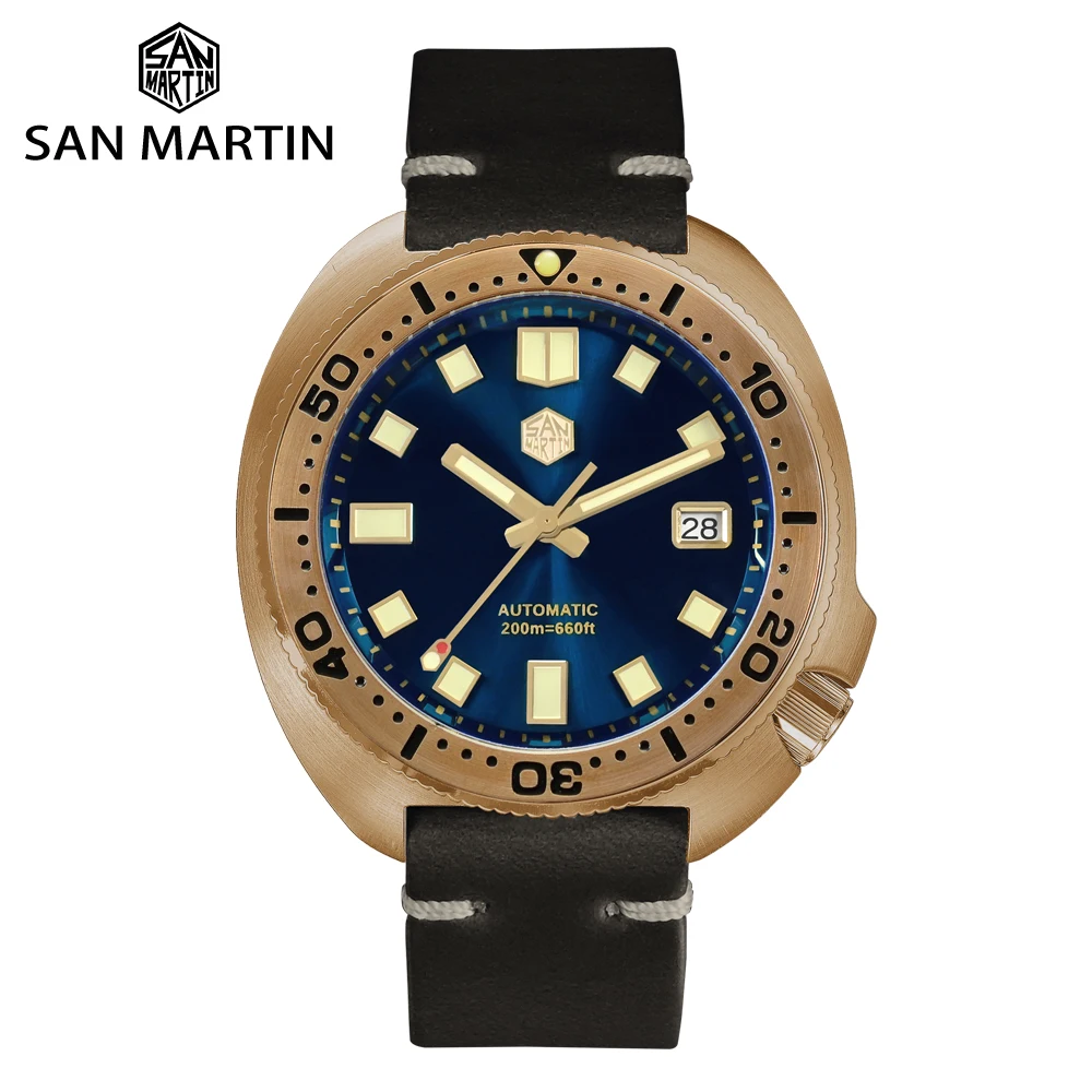 San Martin 44mm Abalone V4 Turtle Solid Bronze Vintage Diver Men Mechanical Watch 20 Bar Luminous Leather Strap Relojes часы - AliExpress 1511