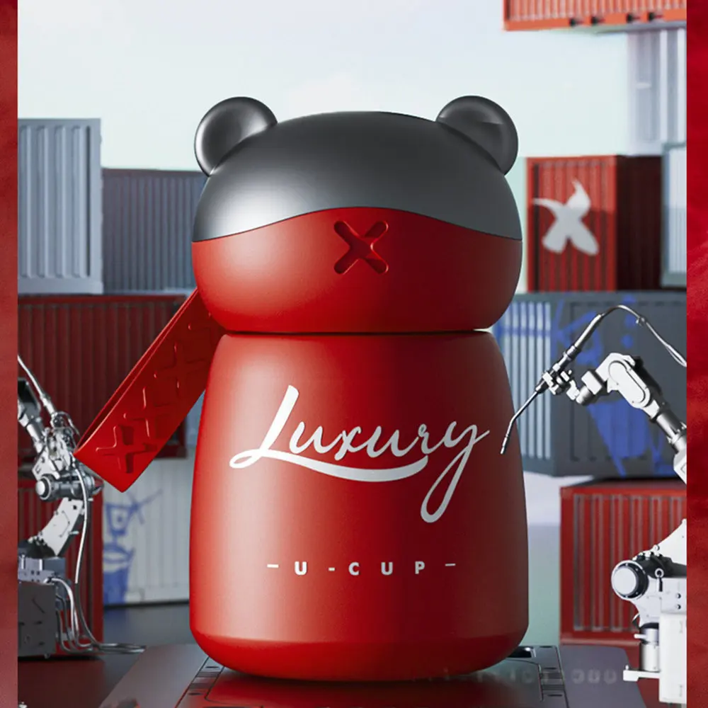 Mini Cute Bear Thermos Water Bottle With Rope And Hook For Kids