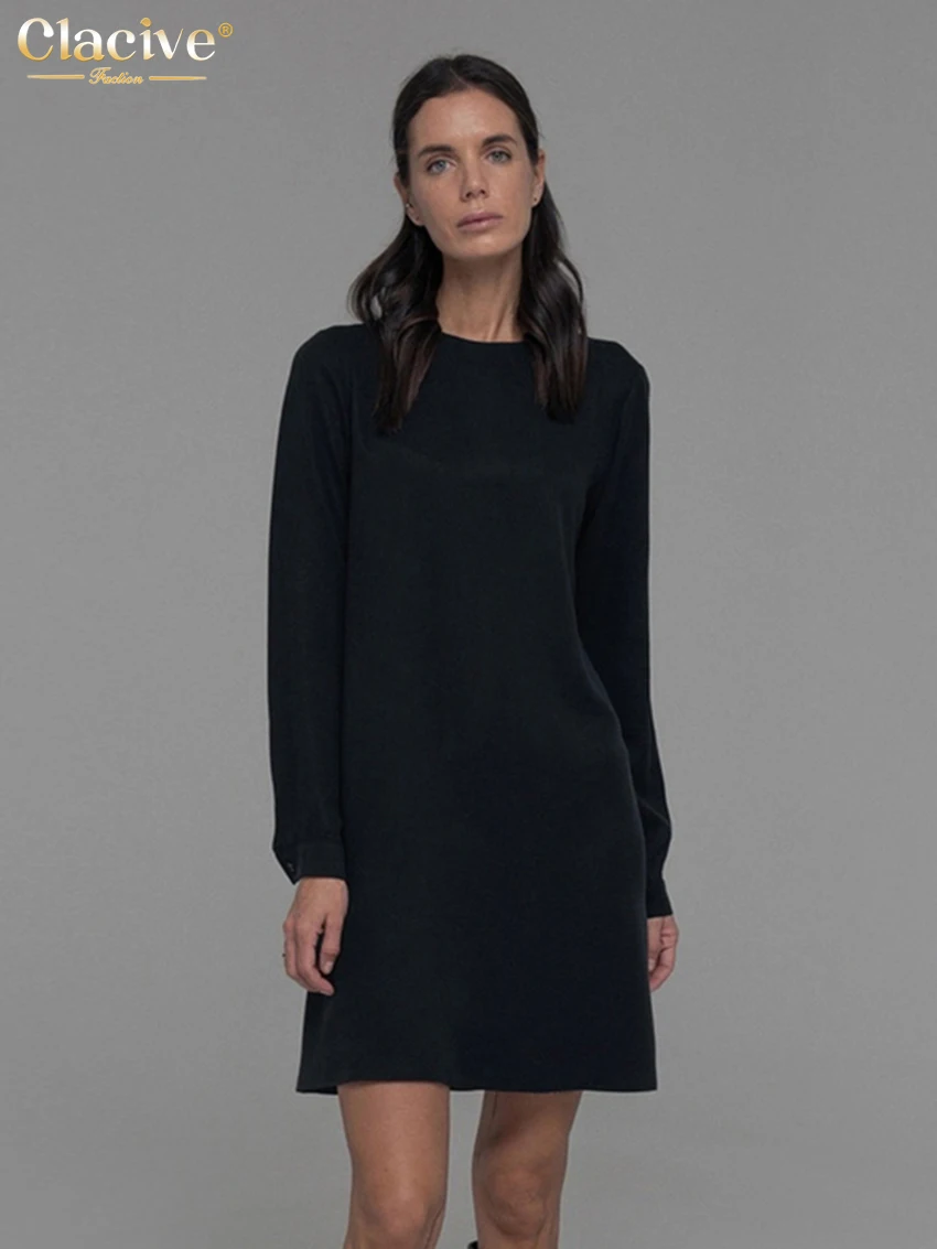 

Clacive Casual Loose Black Women'S Dress 2024 Fashion O-Neck Long Sleeve Office Lady Mini Dresses Elegant Simple Female Dress