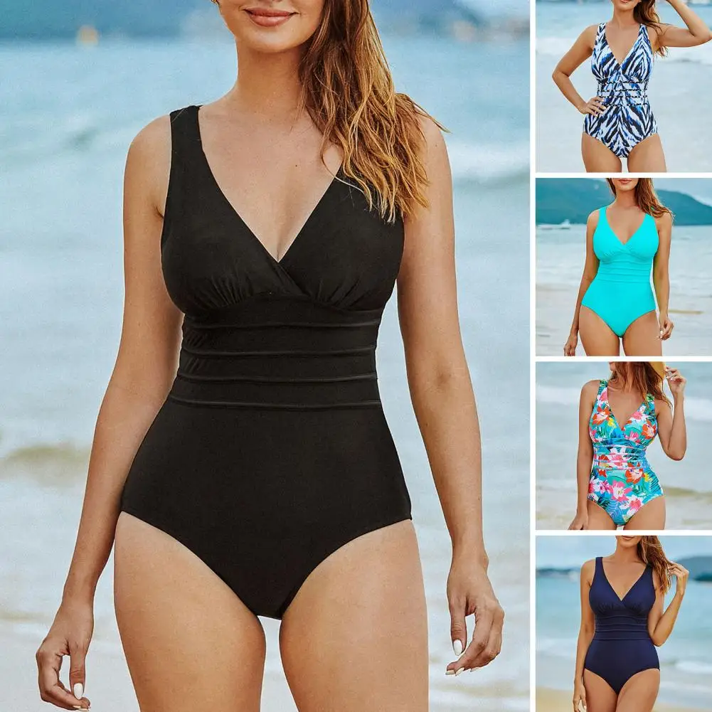 Monokini de cintura alta para mujer, traje de baño de una pieza con cuello en V y Espalda estampado ropa de playa - AliExpress