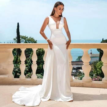 Abito da sposa a sirena per la sposa 2023 con treno staccabile abito semplice lungo senza maniche con scollo a V bianco da sposa