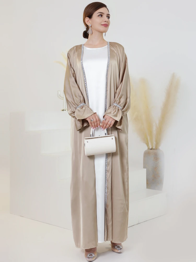 Satin Open Abaya Dubai Luxury Muslim Hijab Dress Turkey Flare Sleeves Beads Kimono Abayas for Women Islamic Clothing Kaftan Robe