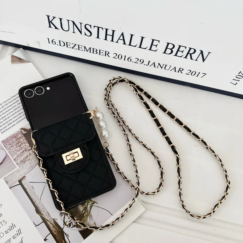 Pearl-Embellished Leather Phone Case with Shoulder Strap and Card Holder