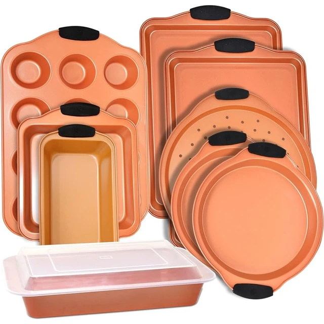 Baking Pan 10 Piece Set Nonstick Copper Steel Oven Bakeware Kitchen Set 9x13  Pan with Lid