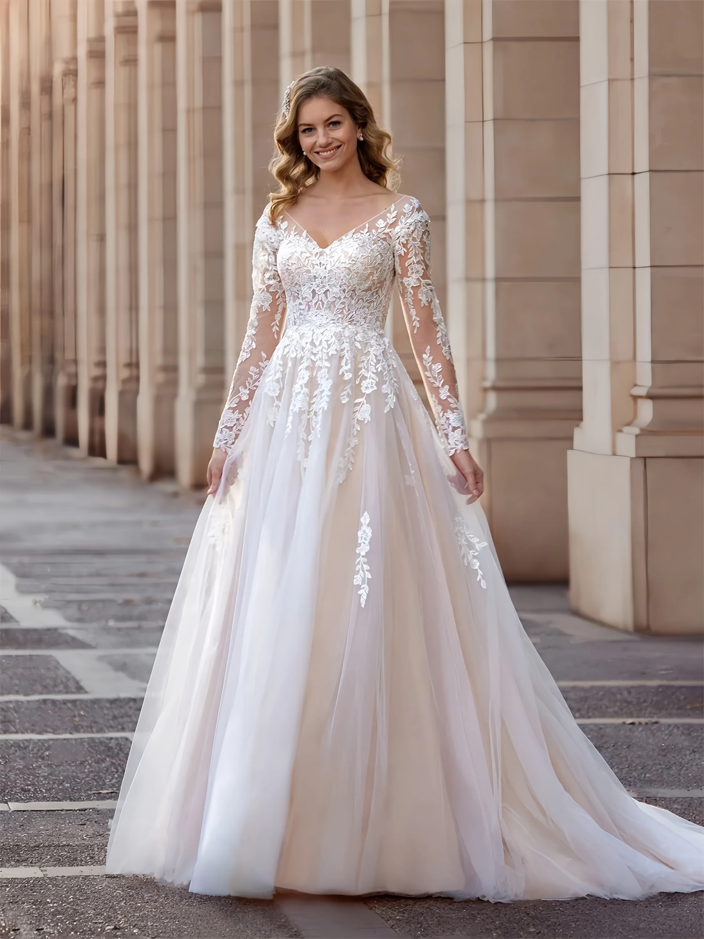 Customized Plus Size V-Neckline Lace Appliques Long Sleeves Wedding Gowns Backless Zipper With Buttons Bridal Dress