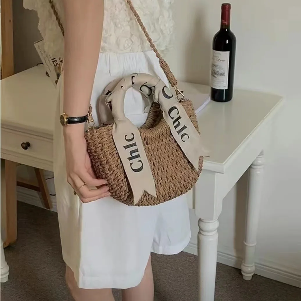 Letter Scarf Crossbody Straw Woven Bag for Women's New Summer Handheld Versatile Woven Bag for Beach Vacation