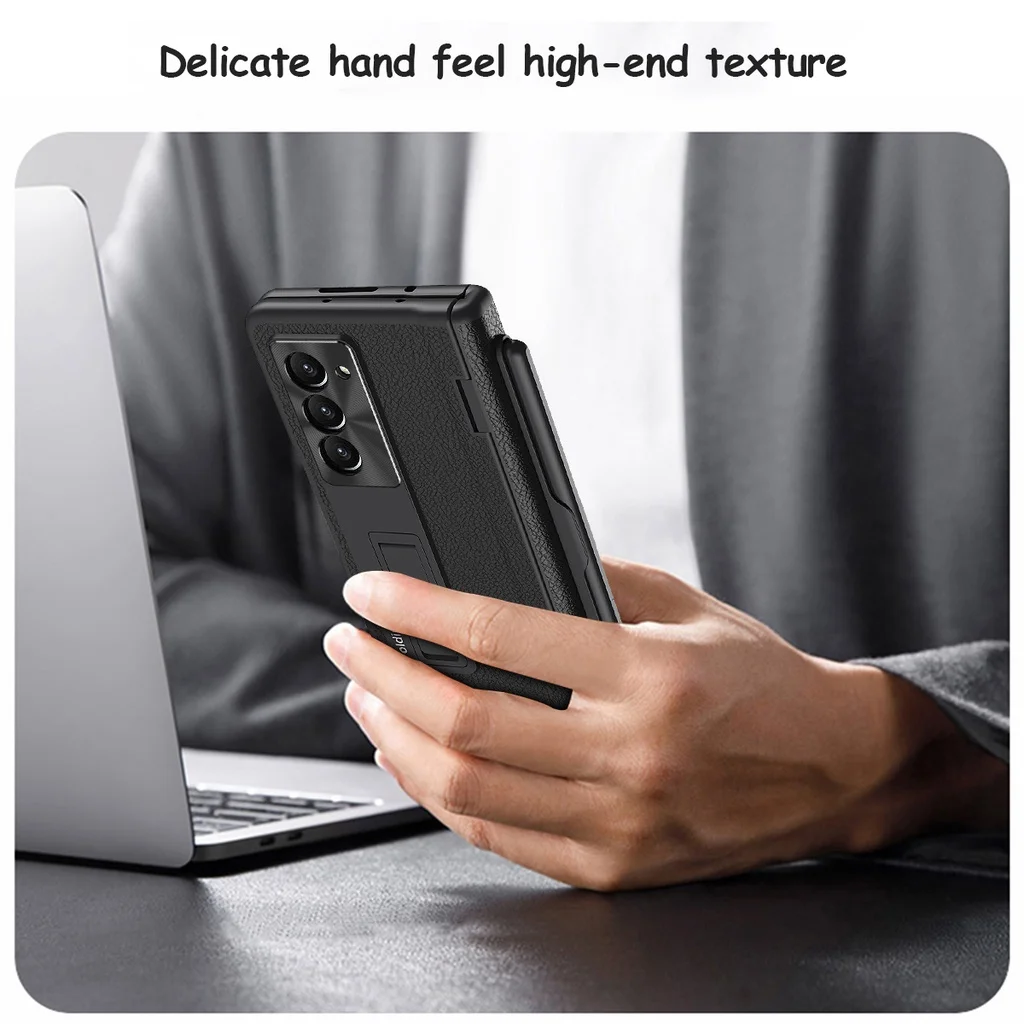 Magnetic Hinge Protection PU Leather Hard PC Phone Cover for Samsung Galaxy Z Fold 5 4 3 Case with S Pen Holder Screen Protector