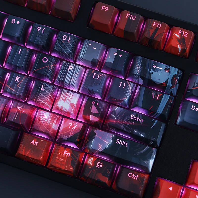 Pbt Dye Sub Backlit Keycaps Anime Gaming Key Caps para Ansi 61 87 104 108 Chaves Grupo Rainbow Punishing Crimson Abyss Keycap - Imagem 6