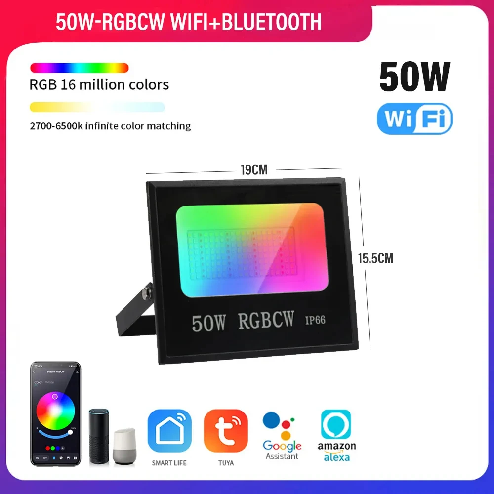 RGBCW LED Smart Flood Light, IP66 Outdoor Flood Light Landscape Courtyard Exterior Wall Reflective Spotlight for Xmas Decoration