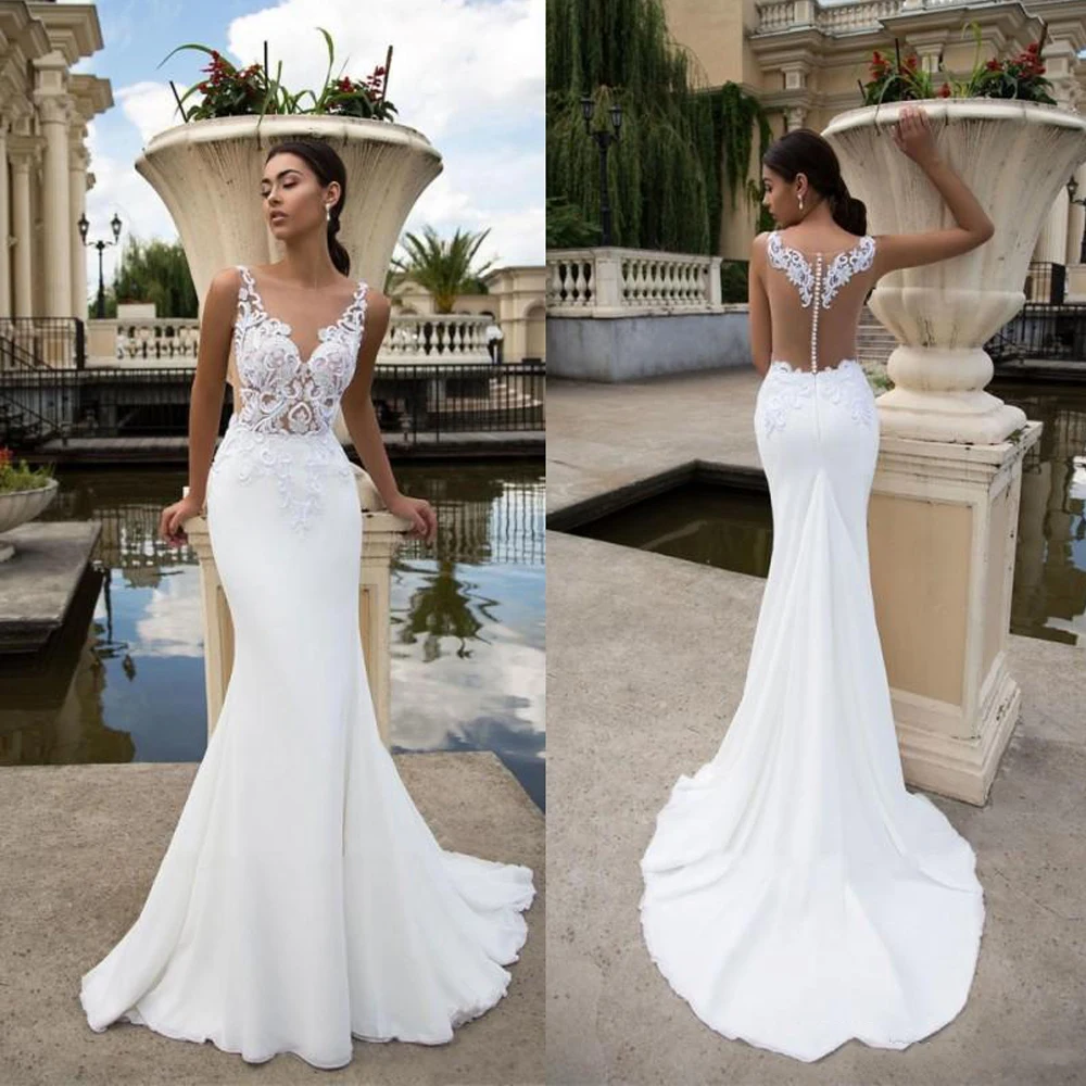 

Sexy Wedding Dresses Chiffon Appliques Pleat Bateau Sleeveless Covered Button Mermaid Bridal Gowns Novia Do 2022