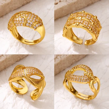Pave Zirconia Cuban Chain Rings for Women Gold Color Geometric Layered Open Adjustable Ring Aesthetic Wedding Fashion Jewelry