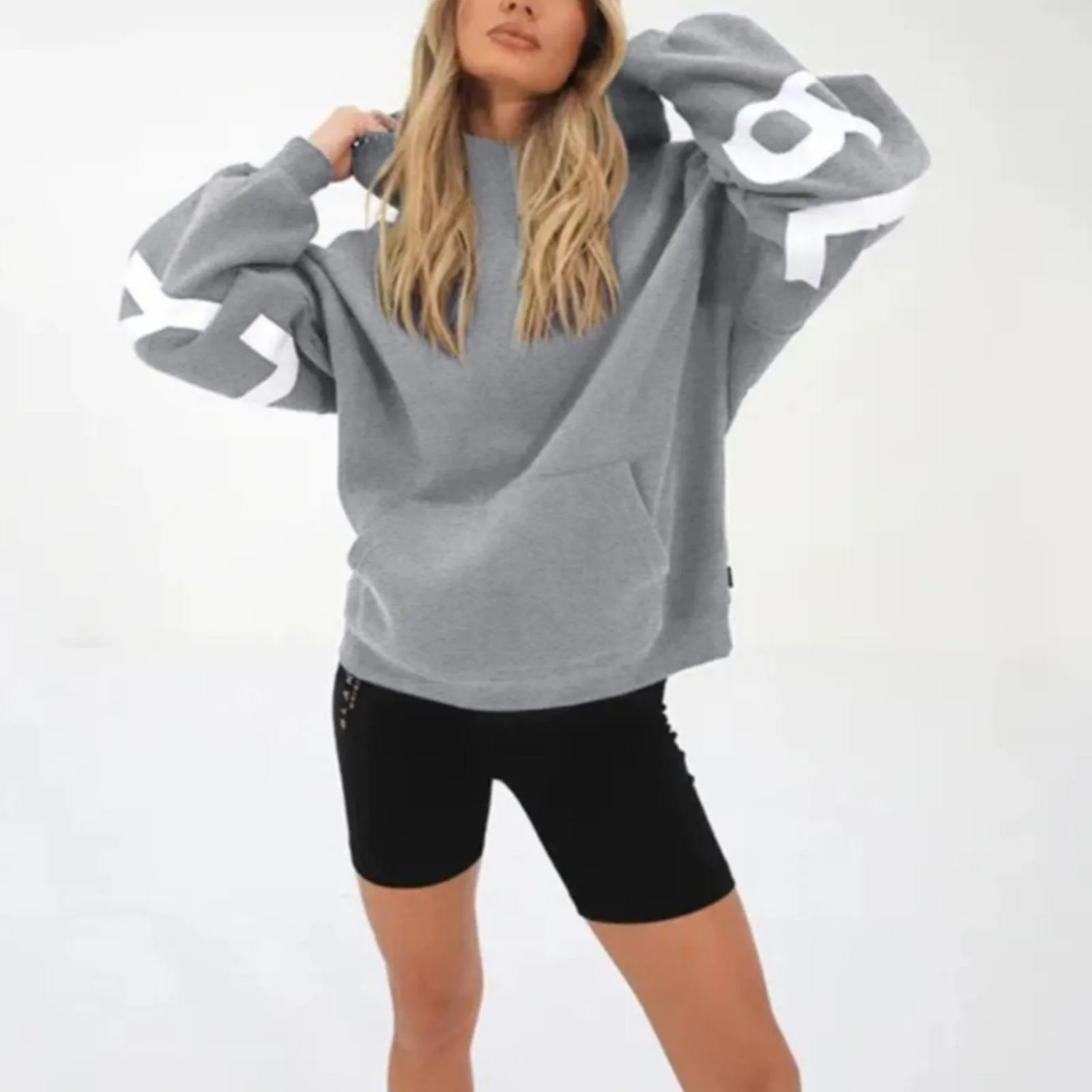 thumbnail image 1 of Sudadera con capucha estampada para mujer, suéter informal de gran tamaño con bolsillo, letras de la vida originales, Blakely, ropa de otoño, 1 of 3