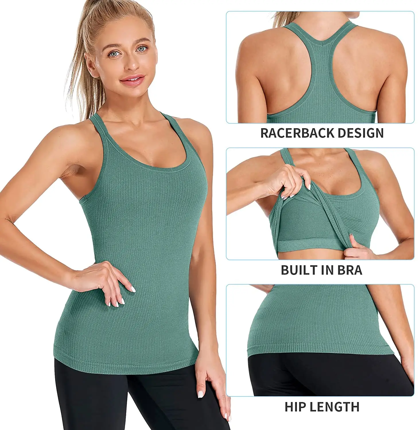 Attraco Women Camisole Racerback Design U-Neck Basic Breathable Sportswear Solid Soft Build-in Shelf Bra Running Tank Tops 5