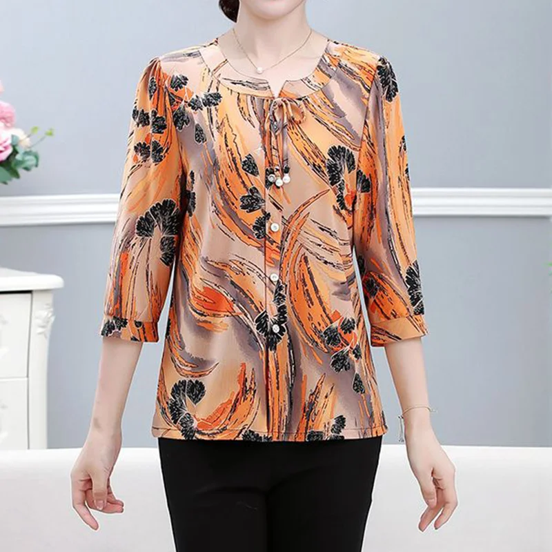 

Vintage Women's Clothing Spring Summer Button O-Neck Lacing Geometric Printing Three Quarter Sleeve T-Shirt Loose Pullover Tops