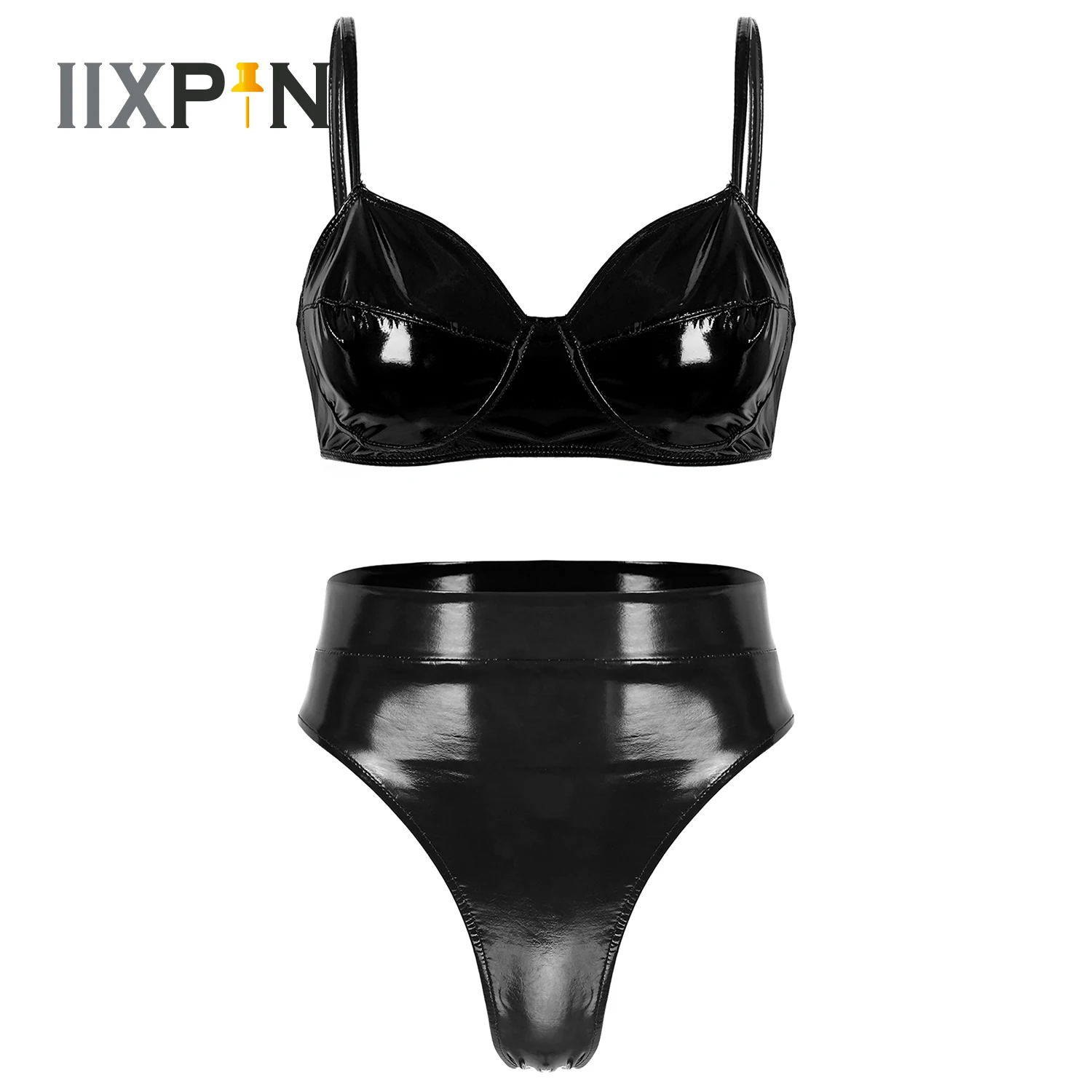 Patent Leather Bikini Lingerie Set Womens Sexy Wetlook Bra Top+Back Buckle Briefs Underwear Latex Pole Dancing Party_voghion.com