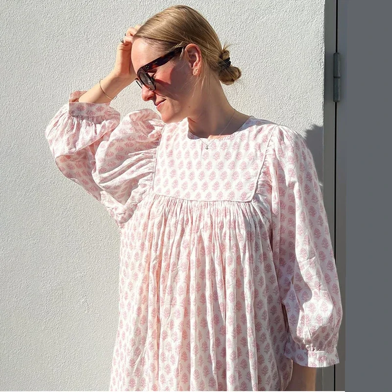 

2024 Spring and Summer Round Neck Puff Sleeve Printed Loose Midi Dress for Women
