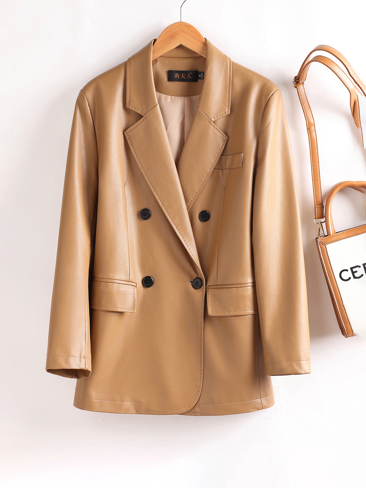 Genuine Sheepskin Leather Jacket Long Sleeve Button Decoration Commute Style Loose Fit Medium Length Luxury Casual Outerwear
