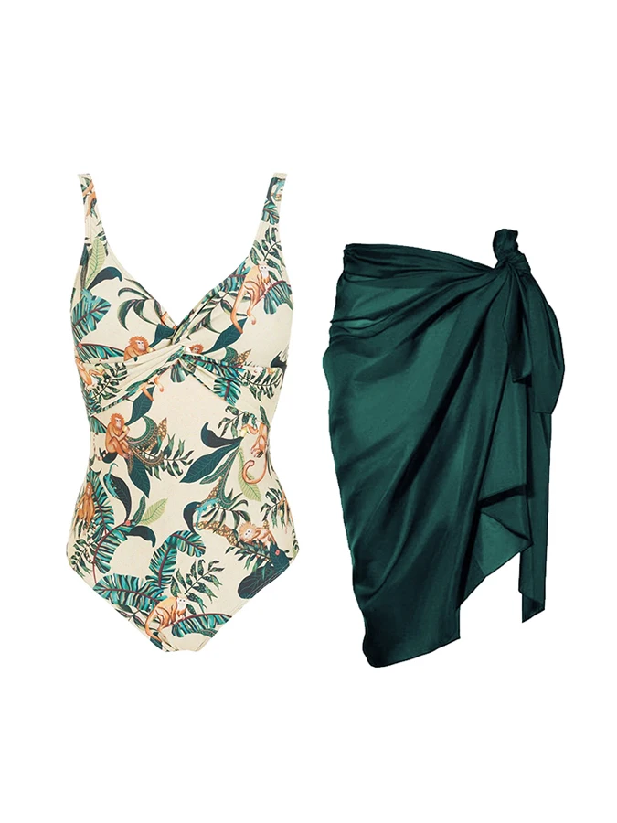 Plant Monkey King Print 2023 Fashion Women Swimwear Summer V Neck Swimsuit Bathing Suits Vacation Sexy / New