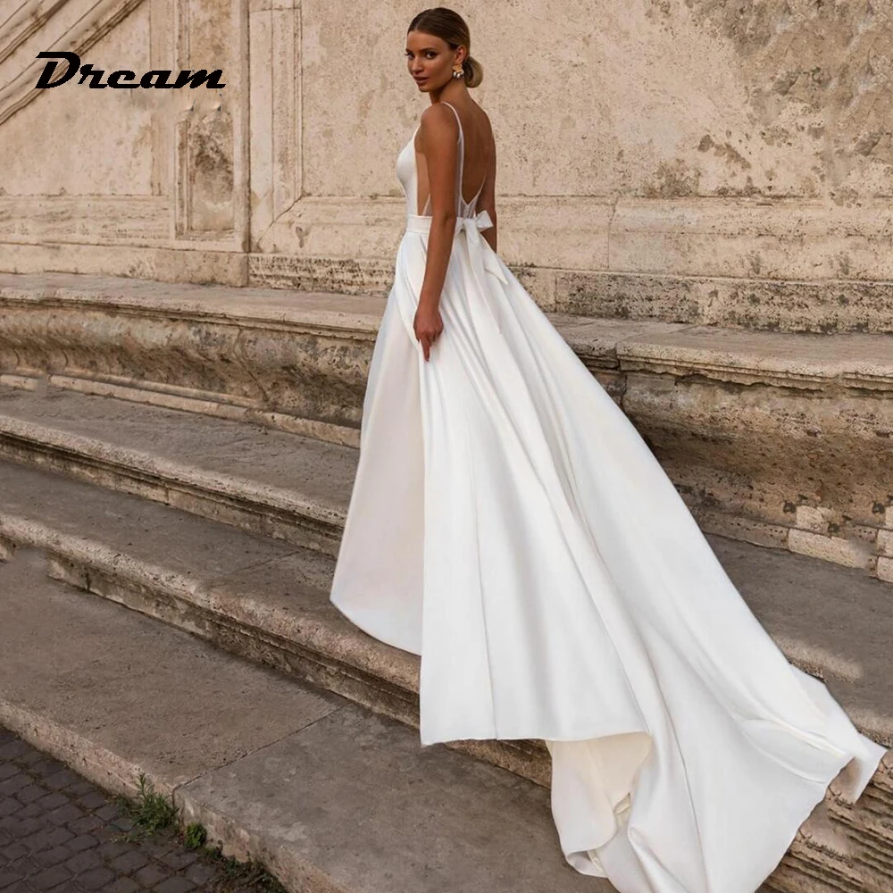 DREAM Customized Satin Spaghetti Straps A-Line Wedding Dresses Sexy Backless Bridal Gowns Sweep Train Vestidos Novias Boda 2025 5