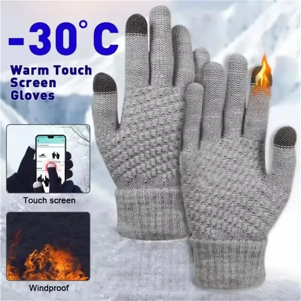 HOT New Men Women Warm Winter Touch Screen Gloves Stretch Classical Knit Mittens Wool Full Finger Outdoor Cycling Driving Female 2