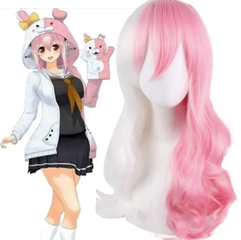 

Women Long Wave Curly Wig Cosplay Danganronpa Monomi Costume Dangan Ronpa Heat Resistant Hair White Pink Wigs