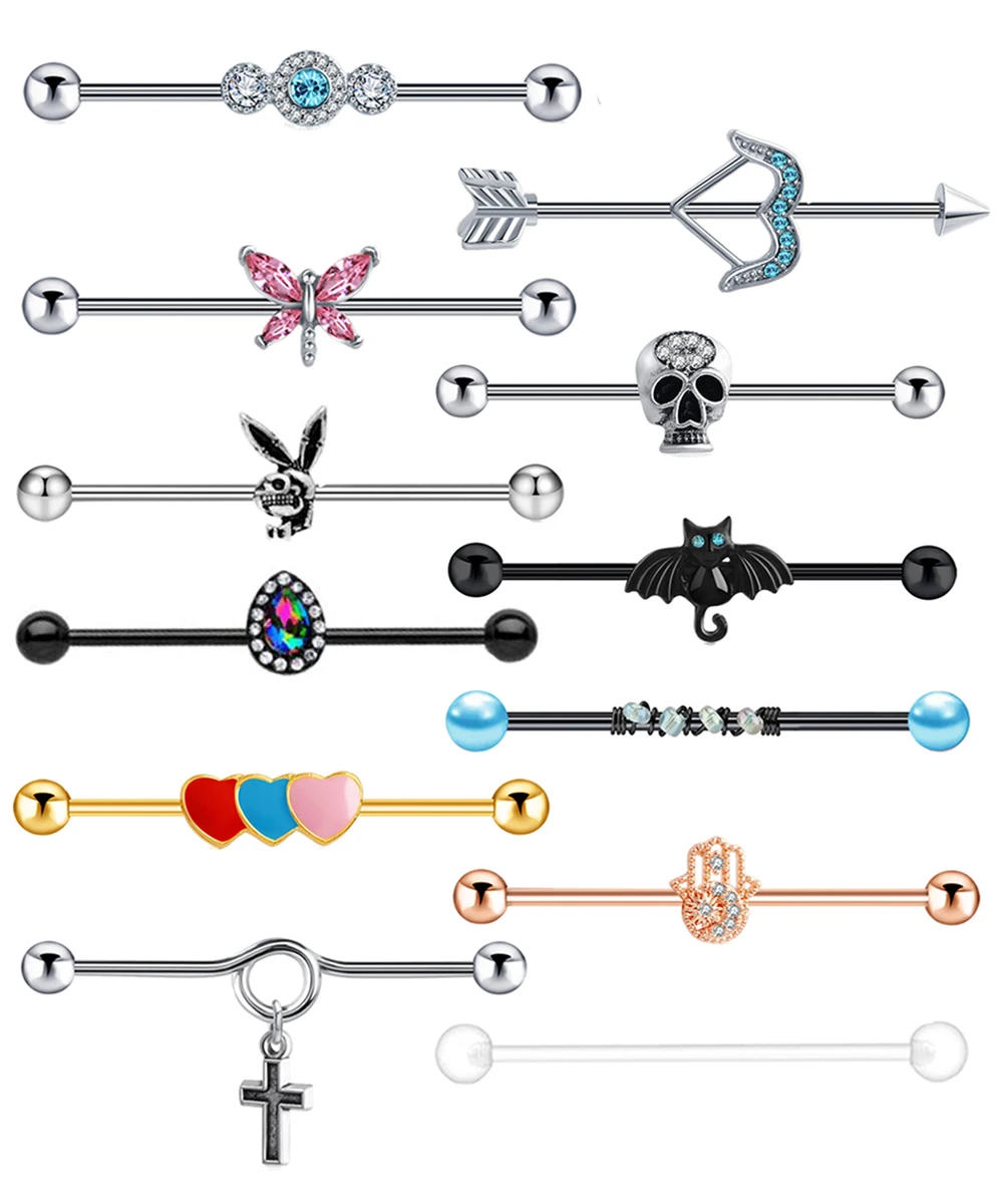

stainless steel skull industrial earrings bar wholesales mix style 50-100pcs 14g industrial piercing body jewelry 38mm 14g barbe