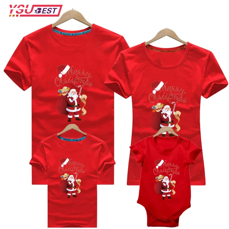 

Christmas Family Matching Clothes Mother Daughter Short sleeve T-shirts Elf Santa Claus Reindeer Elk Print Tees Red Pajamas Top