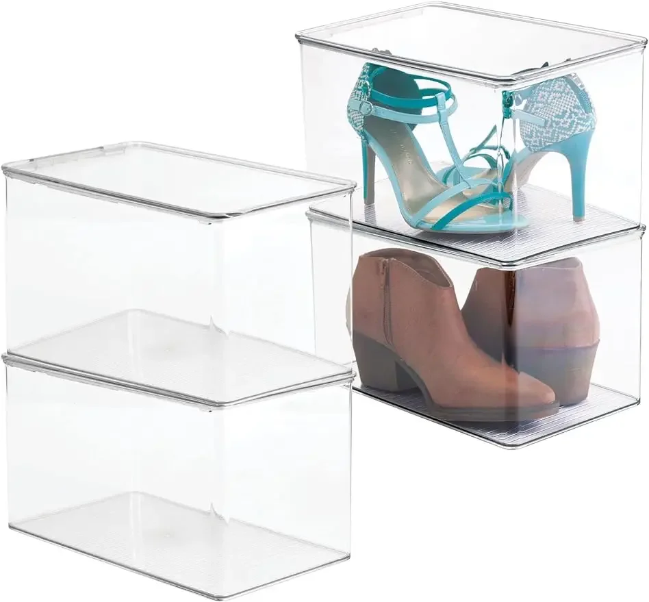 

Stackable plastic cabinet storage box shoe box with hinged lid for organizing shoes, boots, sandals, wedges, 4-pack- transparent